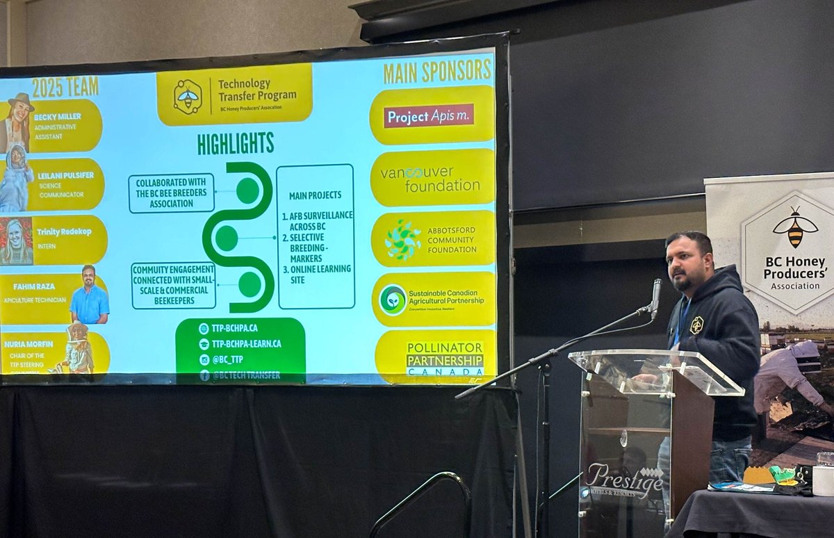 ProjectApism's tweet image. Great discussions in Salmon Arm, BC 🍁🐝
PAm partners shared honey bee health &amp;amp; queen research updates, plus emerging threats like Tropilaelaps. Congrats to award-winner Heather Sosnowski &amp;amp; best wishes to Paul Van Westendorp on his retirement after 35 years!