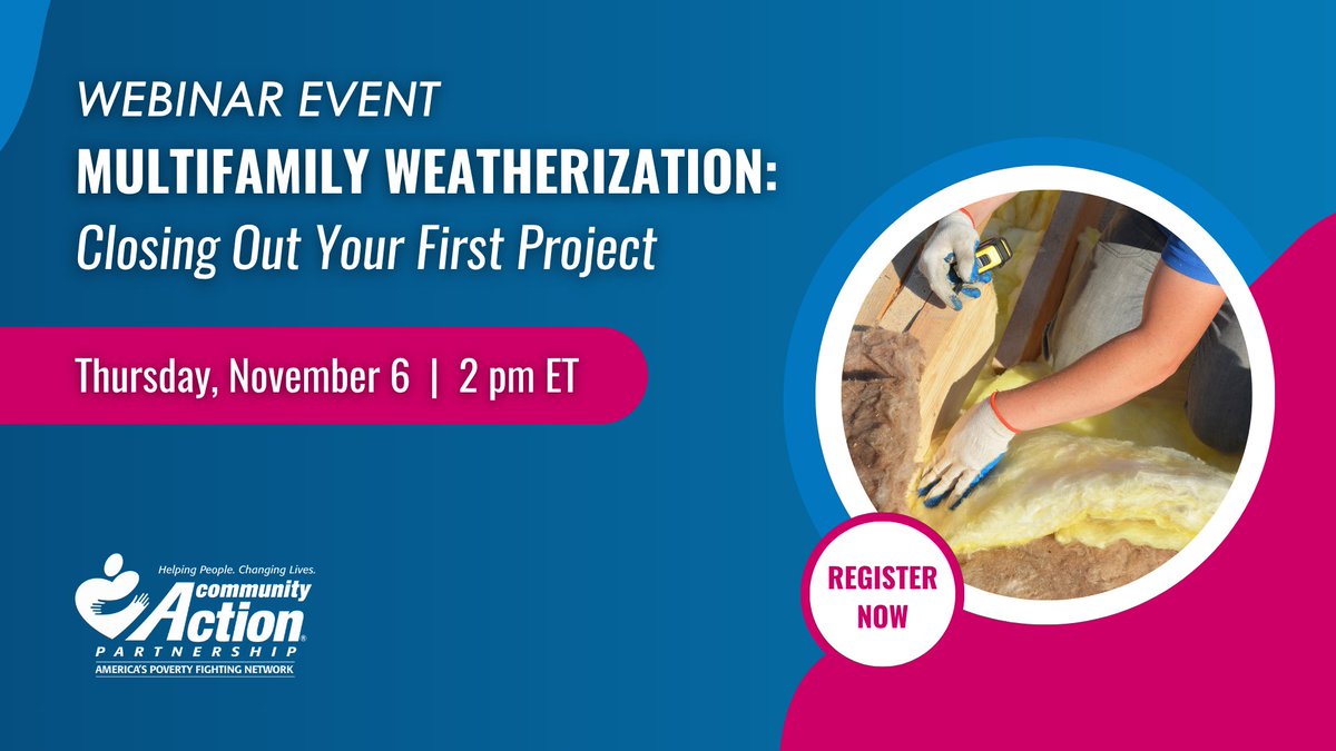 CAPartnership's tweet image. What does it take to successfully manage and close out a multifamily #Weatherization project? Join our webinar this Thursday (11/6) at 2 ET / 1 CT / 12 MT / 11 PT as we walk through each stage of the process. Register here 👉 communityactionpartnership.com/event/multifam…
