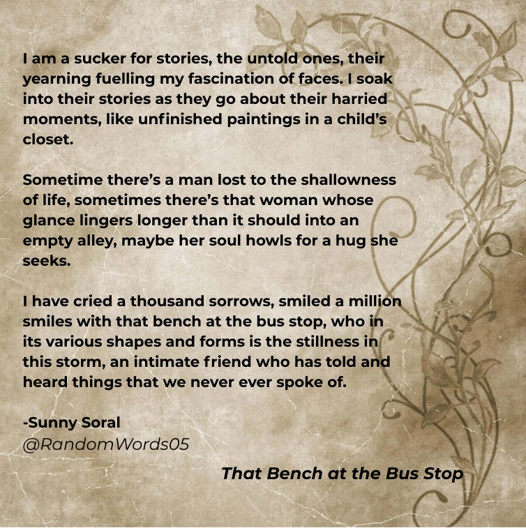sunnysoral's tweet image. That bench at the bus stop....

#RandomWords