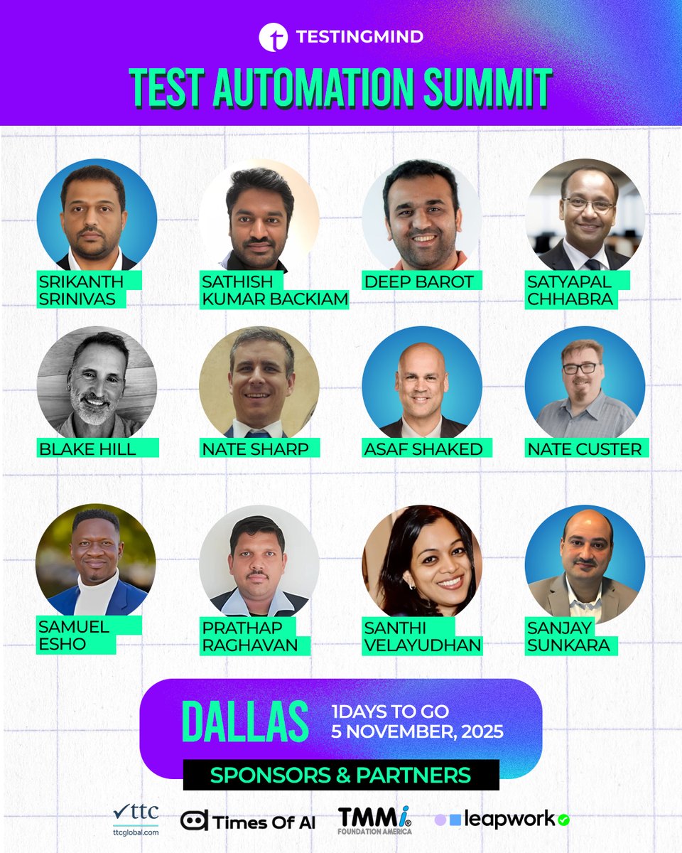 testingmindcon's tweet image. 🔥 Tune In Tomorrow: Dallas Becomes the Centerstage for AI, QA &amp;amp; Test Automation Innovation!

The countdown is almost over! ⏳ Tomorrow, the Test Automation Summit – Dallas opens its doors for a power-packed, in-person event uniting the brightest minds in quality engineering, AI,…