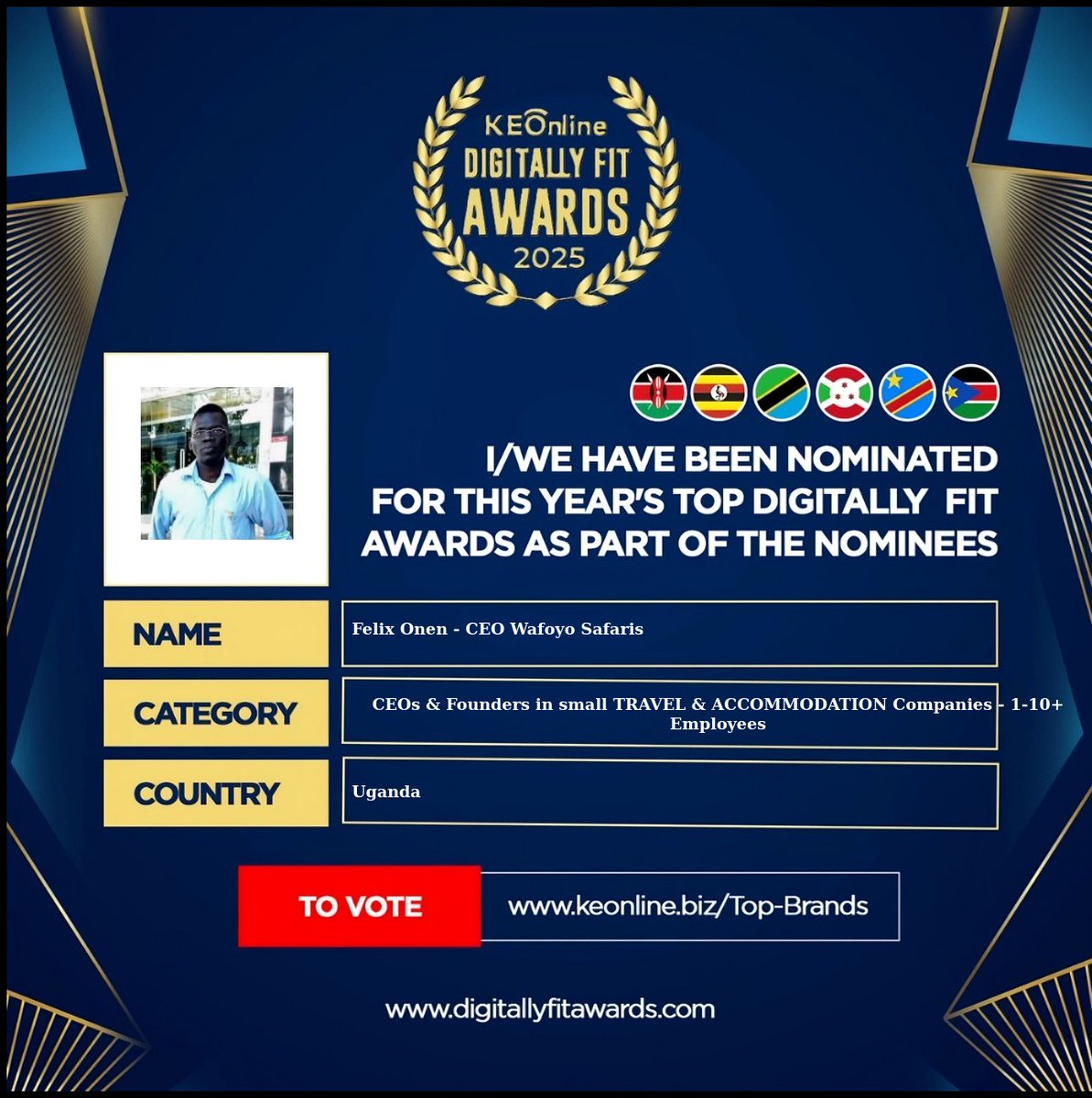 realFelixOnen's tweet photo. Thanks for the nomination as part of this year's top digitally fit Awards East Africa. @DigitallyFAward https://t.co/hh7x2PjXH4