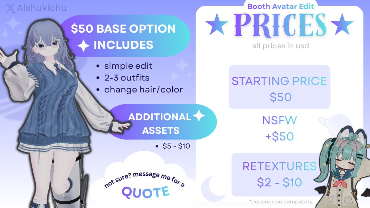 Open for Booth Avie Commission! 
If interested feel free to send a dm to inquire

Portfolio: aishikichu.carrd.co

retweets are appreciated
Modes of Transaction via Paypal or Gcash.

#avatareditcommissions #vtuber #opencommissions #commissions #vrchat