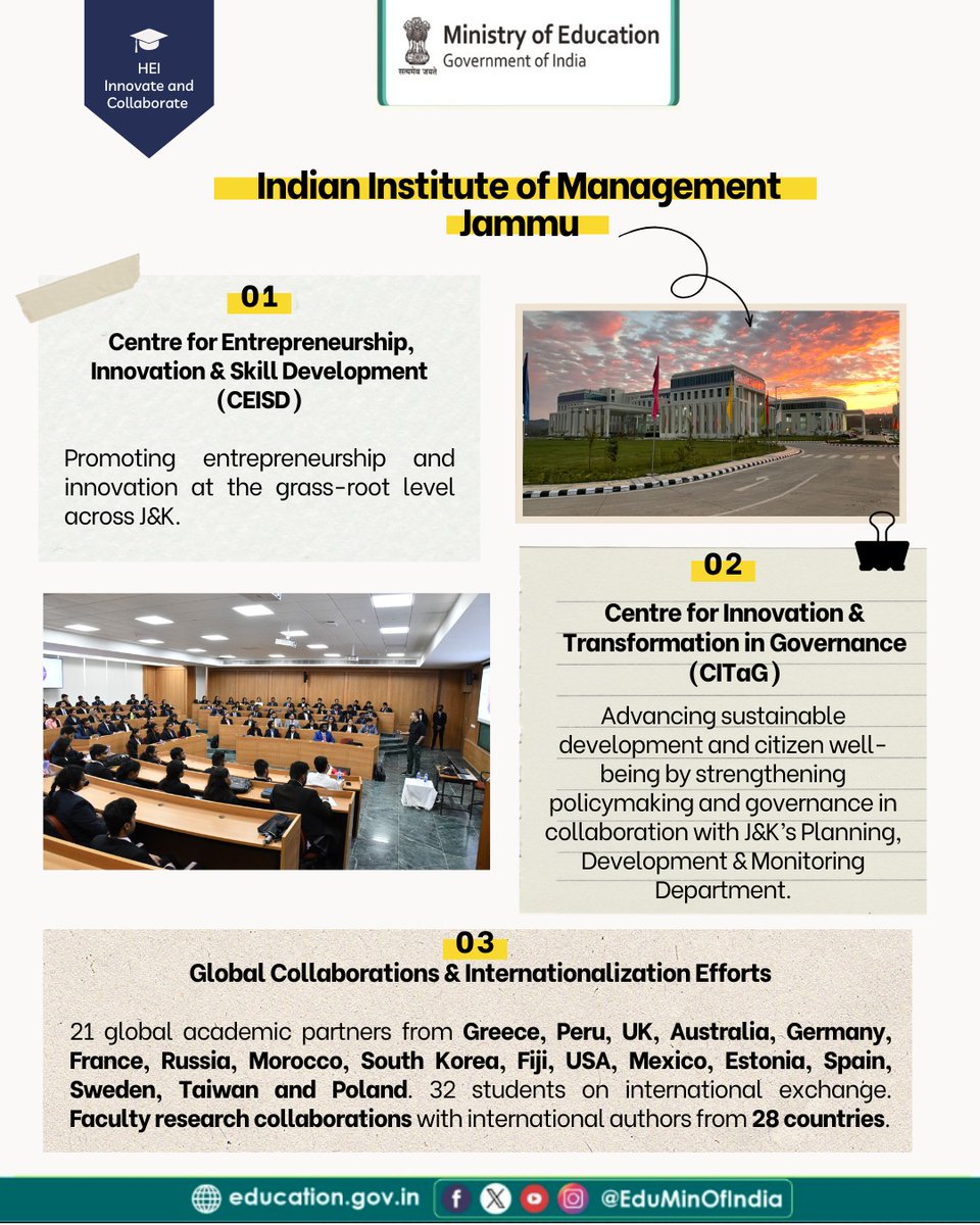 IIM Jammu is driving innovation, entrepreneurship and global education excellence in J&amp;K and India.
The Centre for Entrepreneurship, Innovation and Skill Development is promoting grassroots start ups. The Centre for Diversity and Inclusion, the first of its kind in India, is