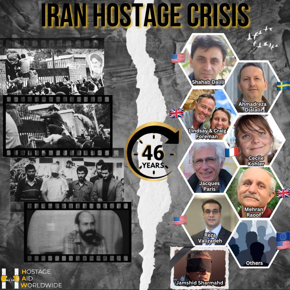 Today marks 46 years since the Iran Hostage Crisis, when 52 Americans, including Hostage Aid’s co-founder Barry Rosen, were taken hostage by Iranian militants who seized the U.S. Embassy in Tehran. The hostages were held for 444 days, until January 20, 1981.

The names &amp; faces