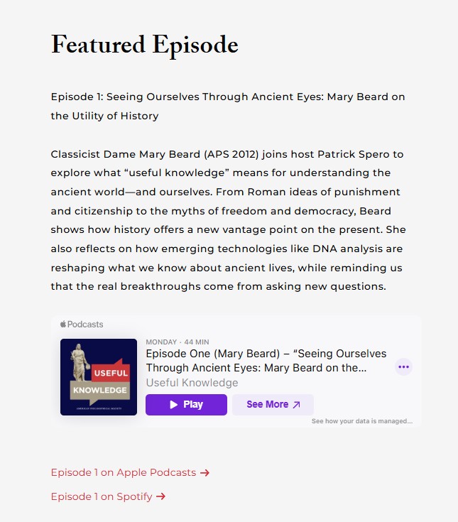 AmPhilSociety's tweet photo. Episode 1 of Useful Knowledge, A Podcast: “Seeing Ourselves Through Ancient Eyes: Mary Beard on the Utility of History” is now live! 
https://t.co/tShgkLBzAq

#usefulknowledge #rome #history https://t.co/W2xHiJnqBc