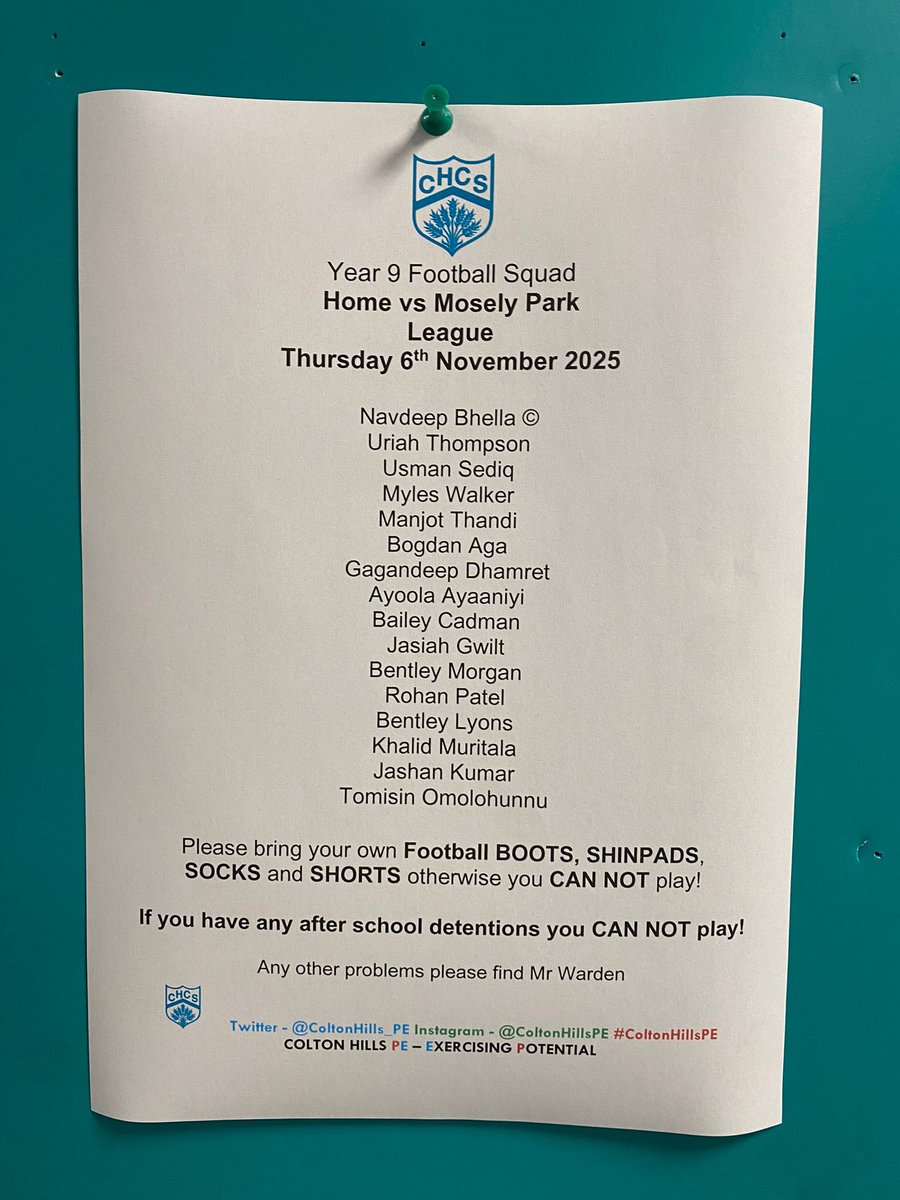 ColtonHills_PE's tweet image. 🚨Year 9 team lineup against Mosely Park (H) on Thursday! Good luck ⚽️ #coltonhillspe #CHCS #exercisingpotential