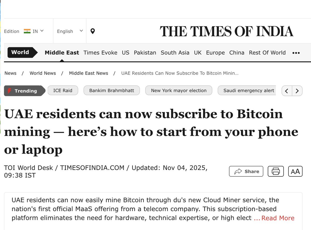 UAE residents can now mine bitcoin through their 2nd largest telco! Good  for decentralization of mining. Another step forward in everyday people  being able to get Bitcoin