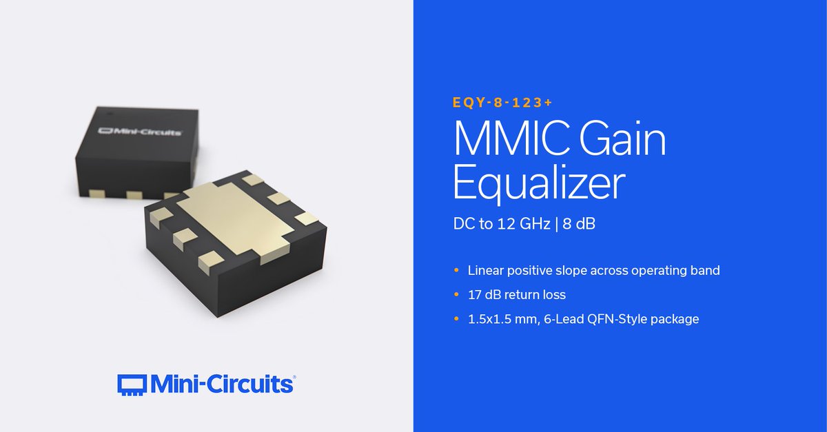 MiniCircuits's tweet image. EQY-8-123+ is an absorptive gain slope equalizer fabricated using a highly reliable and repeatable GaAs MMIC IPD process. Operating from DC to 12 GHz, it achieves outstanding linear slope while maintaining excellent return loss.

hubs.ly/Q03NQnJ40

#rf #MMIC #technology
