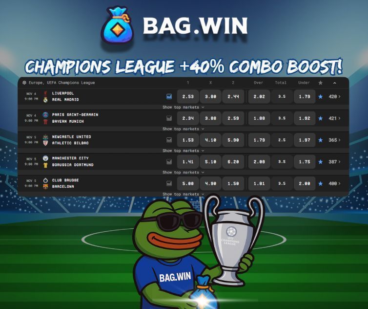 bagdotwin's tweet photo. ⚽ Champions League Nights are BACK! 🌟
Big games, big moments and even bigger wins 💥
Boost your parlay with a +40% PROFIT BOOST on combo bets all week during the #UCL! 💰
📊 Here are some odds for tomorrow’s clashes 👇
Matches Tuesday & Wednesday, full odds live on @bagdotwin 🚀
#Football #GamblingX #Parlays #ChampionsLeague #Bagwin