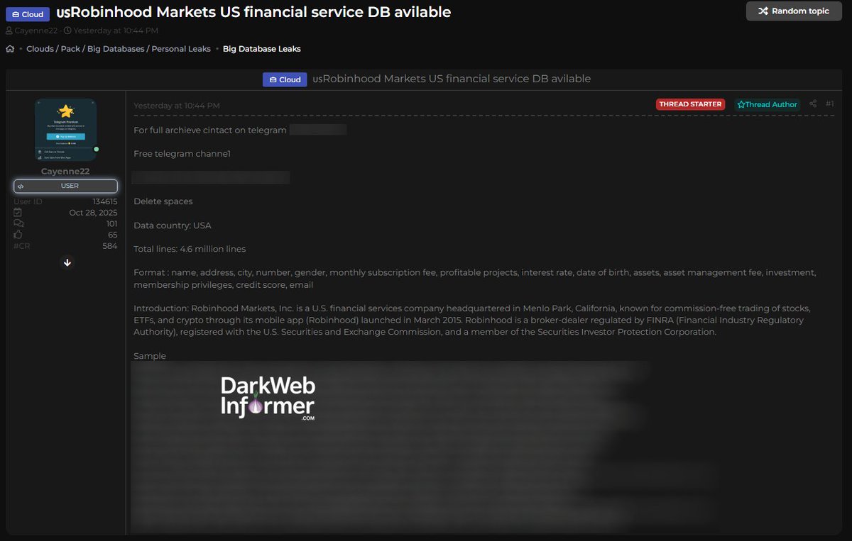 🚨🇺🇸 Alleged breach/leak of data of Robinhood

Format : name, address, city, number, gender, monthly subscription fee, profitable projects, interest rate, date of birth, assets, asset management fee, investment, membership privileges, credit score, email