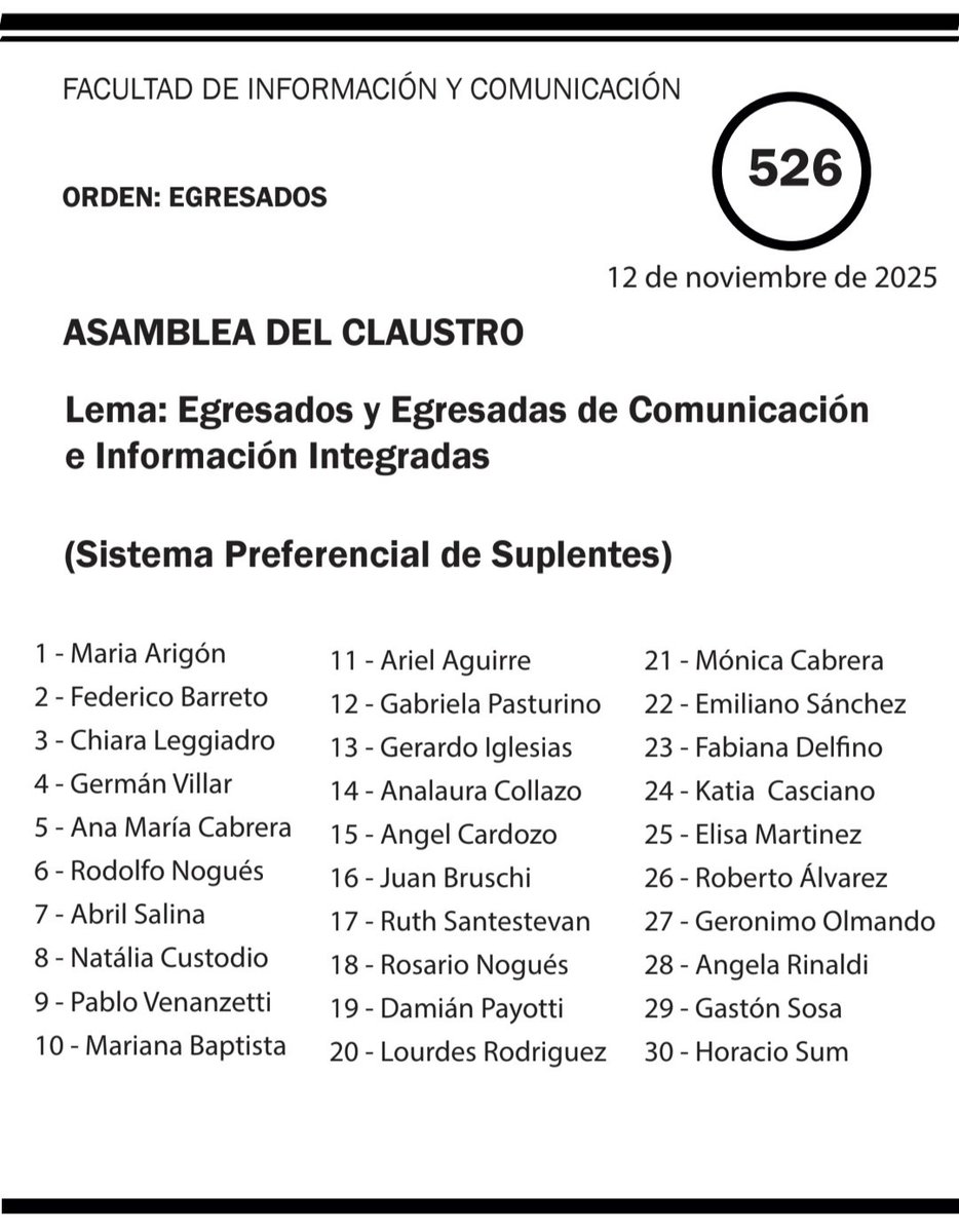 CustodioNat's tweet photo. Facultad de Información y Comunicación el 12/11 vota 526, 527 y 528 para el Orden Egresados/as
#EleccionesUdelar2025 https://t.co/BVJ8Nailto