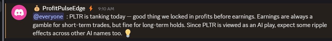 ProfitPulseEdge's tweet image. 📈 Perfect Timing on $PLTR

We exited our $PLTR trade with a 9% profit — right before earnings.

Today, $PLTR is tanking — and that’s exactly why discipline, timing, and risk management always win over luck.
Earnings can be unpredictable for short-term trades.
Our goal isn’t to…