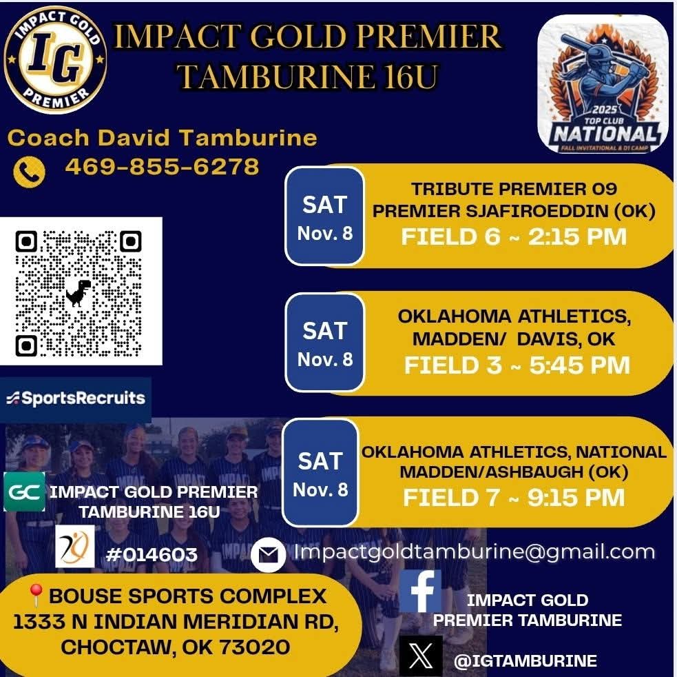 <a href="/IGTamburine/">Impact Gold Tamburine</a> hits the road again! This weekend we'll be in Choctaw, OK at the 2025 Top Club National Fall Invitational.
my.sportsrecruits.com/athlete/leah_l…
<a href="/ImpactGoldOrg/">Impact Gold Fastpitch</a>
<a href="/jazzvesely/">Jazz Jackson-Vesely</a>
<a href="/coachjrtorres/">Coach Junior Torres</a>
<a href="/TCNfastpitch/">Top Club National Fastpitch Events</a>
<a href="/Sports_Recruits/">SportsRecruits</a> 
<a href="/SBRRetweets/">Softball Recruiting Reposts</a> 
<a href="/FCRecruits/">First Choice Recruiting</a> 
<a href="/TakeCharge_SB/">TakeChargeRecruiting-Softball</a>
<a href="/ncsa/">NCSA College Recruiting</a>
<a href="/AGLSoftball/">AthletesGoLive Softball</a>