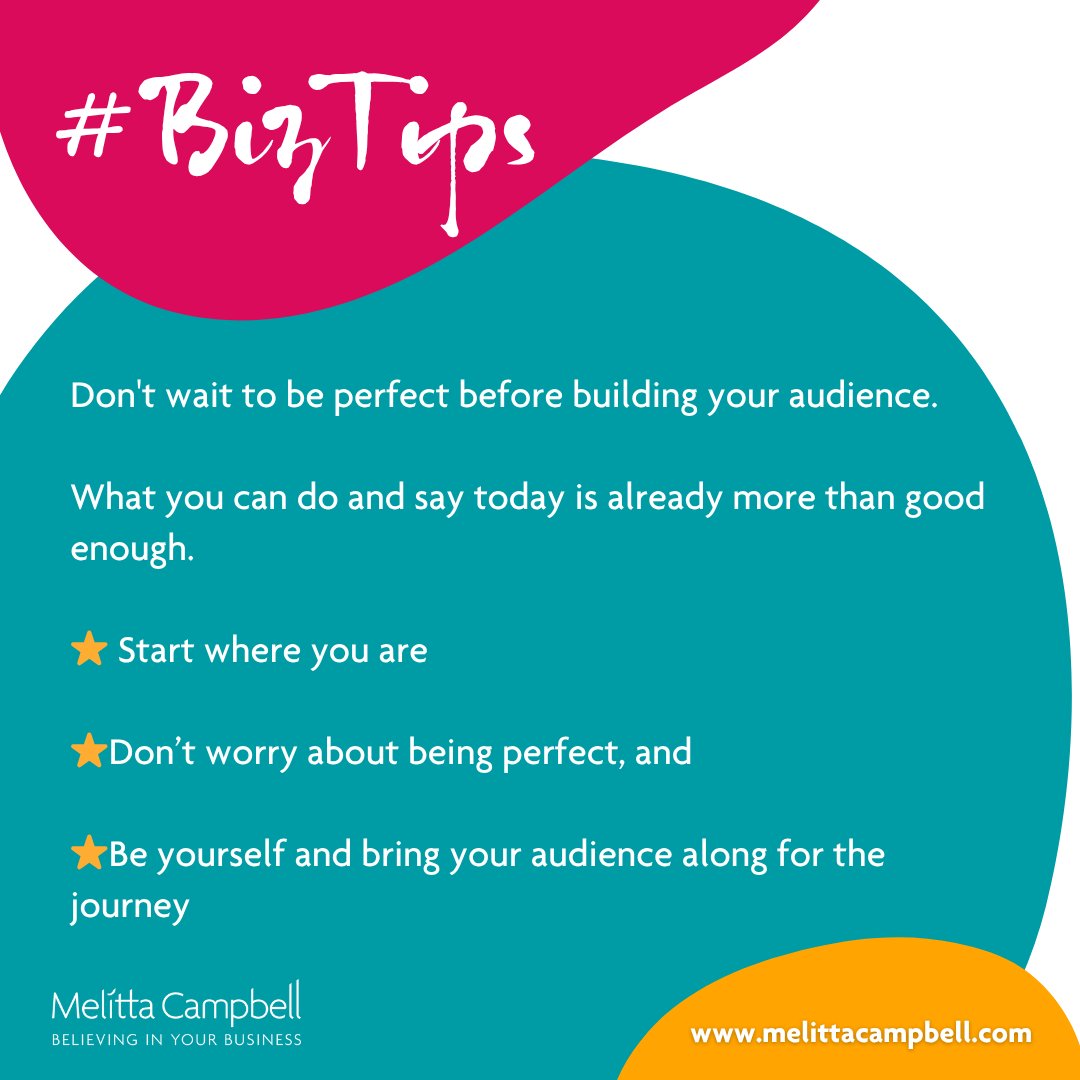 MelittaCampbell's tweet image. Don&apos;t wait to be perfect before building your audience.
.
.
What you can do and say today is already more than good enough.
.
.
⭐️ Start where you are
⭐️Don’t worry about being perfect, and
⭐️Be yourself and bring your audience along for the journey
.
.
#bizTips