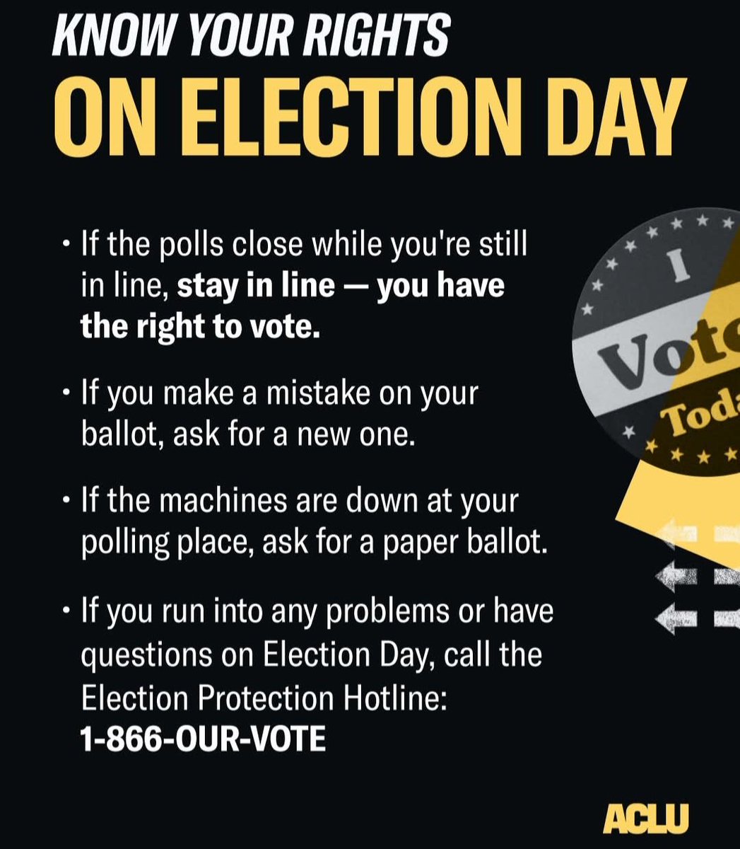 Your voice and your vote still matter, Get out the vote today!
#ElectionDay2025

Know your voting rights! 🗳
If you have any problems on
Election Day, call the Election Protection Hotline:
1-866-687-6683
Spanish- 1-888-839-8682

aclu.org/know-your-righ…