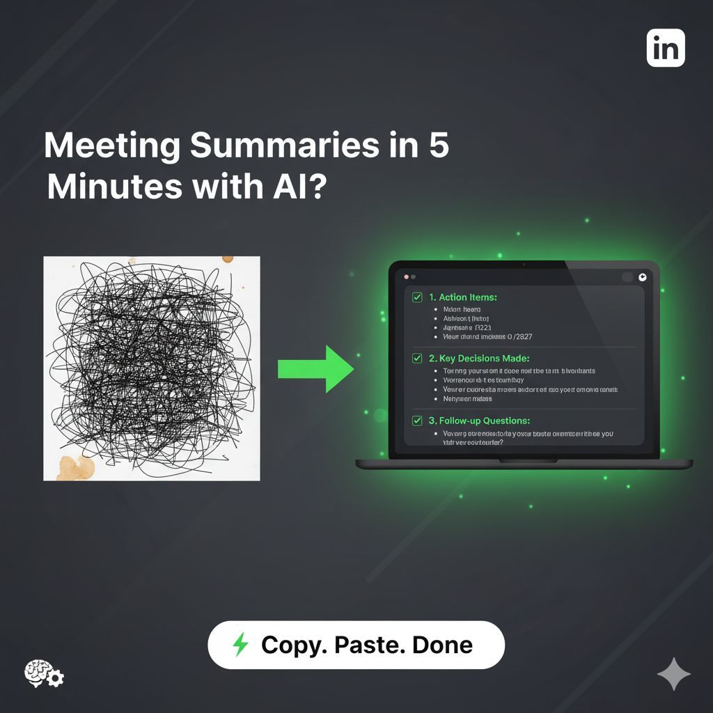 ReaganAkowuah's tweet image. Meeting Summaries in 5 Minutes with AI? YES.

My latest productivity hack:
1. Record meeting/use transcript. 
2. Paste into ChatGPT. 
3. Use prompt: &quot;Extract Action Items, Key Decisions, Follow-up Questions.&quot;

Boom. Done. Stop wasting hours.

#AI #Productivity #WorkSmartNotHard