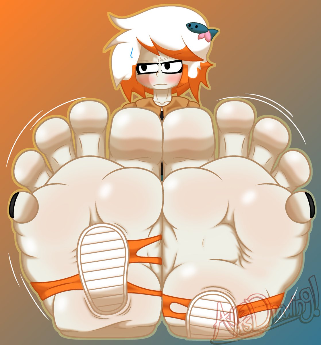 A YCH for a user who wishes to remain anonymous - starring their OC, Audie undergoing a sliiiight "wardrobe malfunction"...

...As in, her feet are now many sizes larger than they should be. =v=