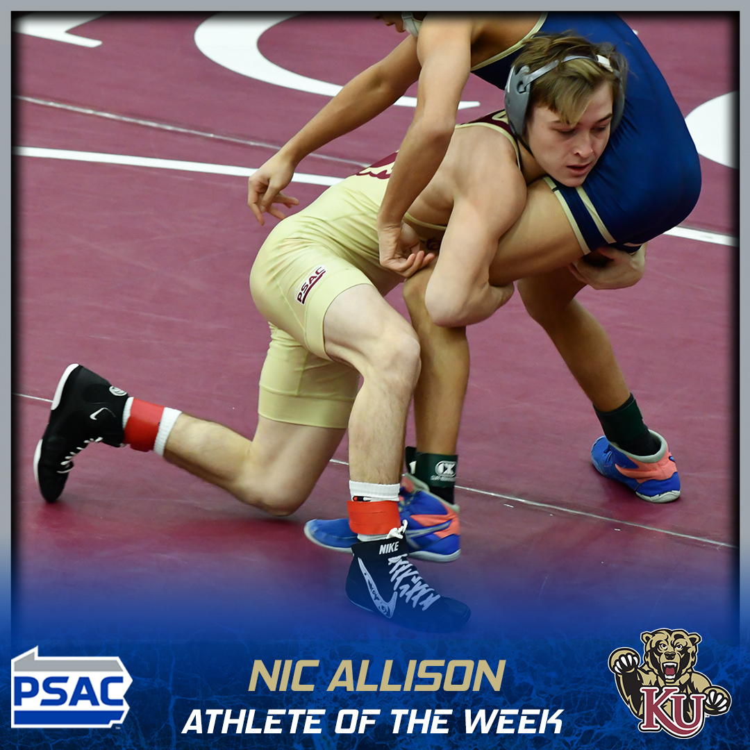 PSACsports's tweet photo. WRESTLING: The first #PSACWREST Athlete of the Week for 2025-26 is @KUGoldenBears' Nic Allison!

Full story: 🔗https://t.co/8HA4vfhnbS

#PSACProud #PSAC75 https://t.co/RqCfj5Q3qm