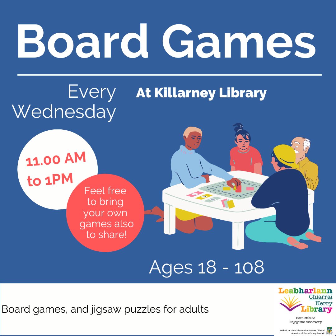 KerryLibrary's tweet image. Board Games and Jigsaw Puzzles group for adults. Meets every Wednesday in Killarney Library, 11am-1pm.