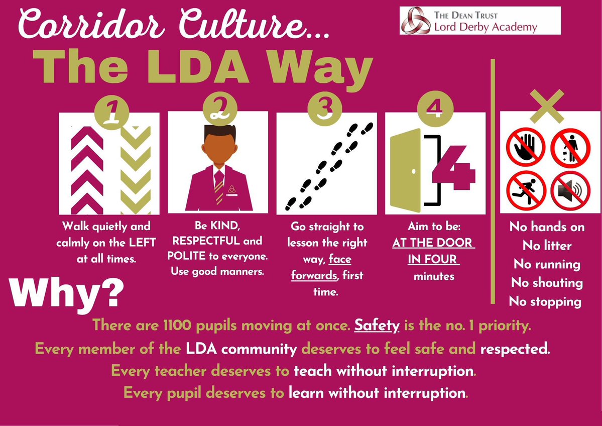 We are really proud that the very large majority of pupils are meeting expectations of LDA Corridor Culture.  Pupils are responding well to this key reminder as we return after the half term break.