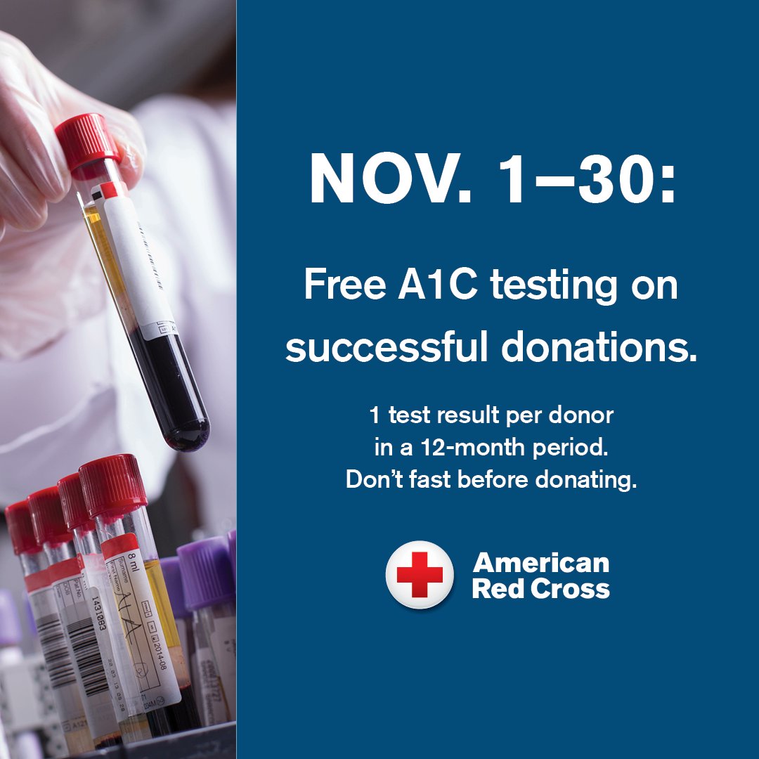 We care about your well-being: Get a free health screening when you give blood! We check blood pressure, hemoglobin &amp; pulse. For successful November donations, we’ll perform A1C testing (diabetes/prediabetes screen; 1 test result/12-month period). Book: rcblood.org/3JliNFz