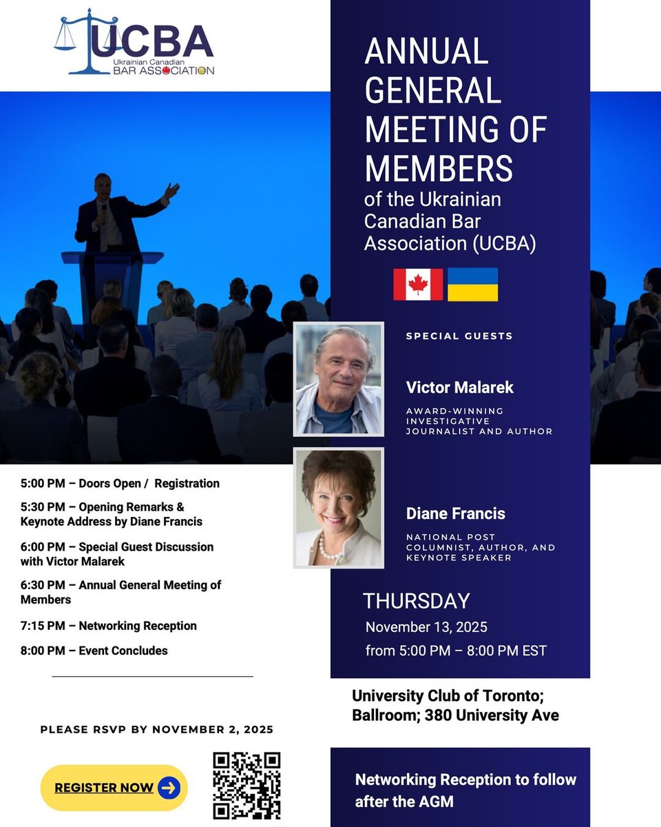 UCBANational's tweet photo. Join us Nov 13 at the UCBA AGM featuring Diane Francis &amp; Victor Malarek, with Excellence Awards to Paul Grod &amp; May Cheng.
Silver Sponsors: Dickinson Wright LLP &amp; Pallett Valo LLP. #UCBA #AGM2025 https://t.co/A97JuEVaSa