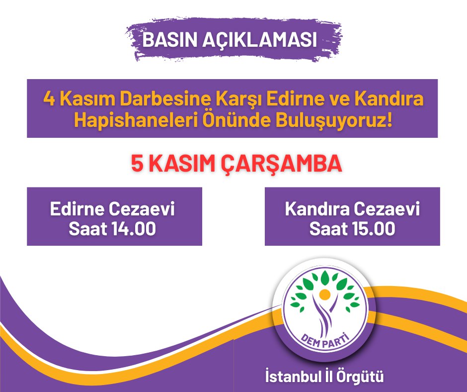 4 Kasım siyasi darbeye karşı dayanışmayı büyütmek için Edirne ve Kandıra hapishaneleri önünde buluşuyoruz. 

🗓️ 5 Kasım Çarşamba 
📌Edirne Cezaevi ⏰ 14.00
📌Kandıra Cezaevi  ⏰15.00