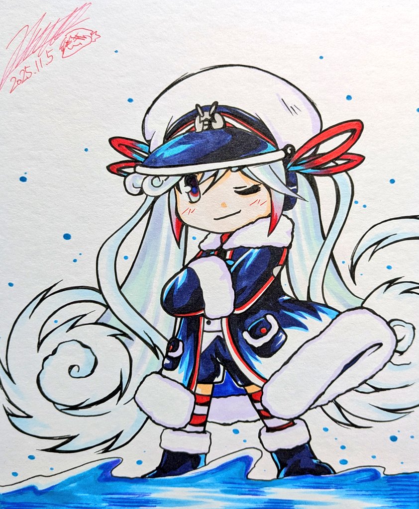 初音ミク ,雪ミク 「本日4枚目で17枚目の色紙になります。 雪ミク22ことカニちゃんです。 さすがに」|キノ店員のイラスト