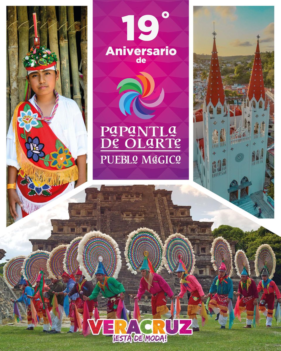 ¡Hoy estamos de fiesta! 🎊

Con orgullo celebramos el 🎉 19° aniversario de📍Papantla como Pueblo Mágico 🏵️.

Recorre este destino único por su ✔️cultura, ✔️tradición y ✔️riqueza histórica.

#VeracruzEstáDeModa ✨