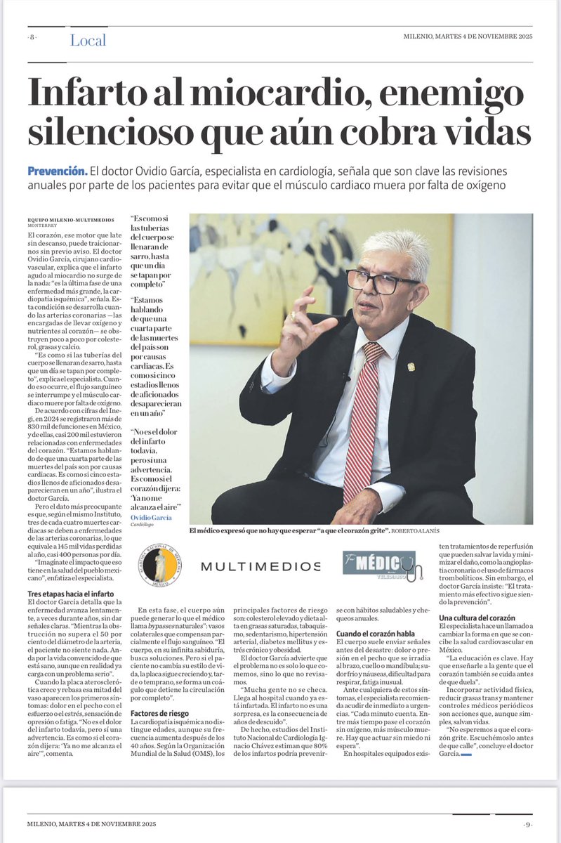 ovidiogarciav's tweet photo. Hoy en @multimediostv hablamos de 🫀 El enemigo silencioso: el infarto agudo del miocardio. 
🚨 Si sientes presión en el pecho o el dolor corre al brazo o mandíbula: llama al 911.
Actuar rápido salva vidas.
#Infarto #Corazón #Prevención #SaludCardiovascular #MultimediosTV 👇🏻👇🏻 https://t.co/RIRoN94Grf