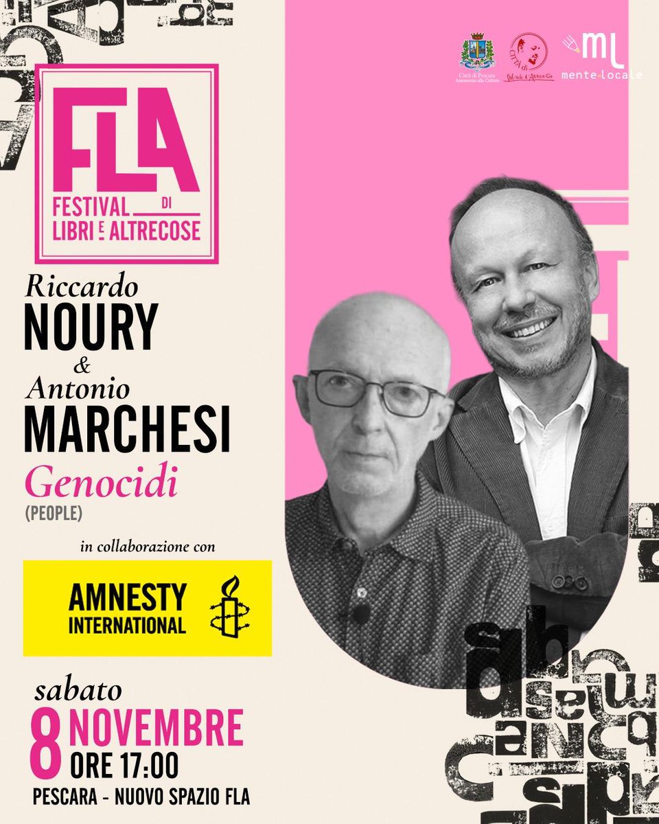 Sabato 8 novembre al Nuovo Spazio Fla di #Pescara presentazione del libro "Genocidi" di <a href="/RiccardoNoury/">Riccardo Noury</a> e Antonio Marchesi edito da <a href="/peoplepubit/">People</a>.
Dettagli in locandina 👇