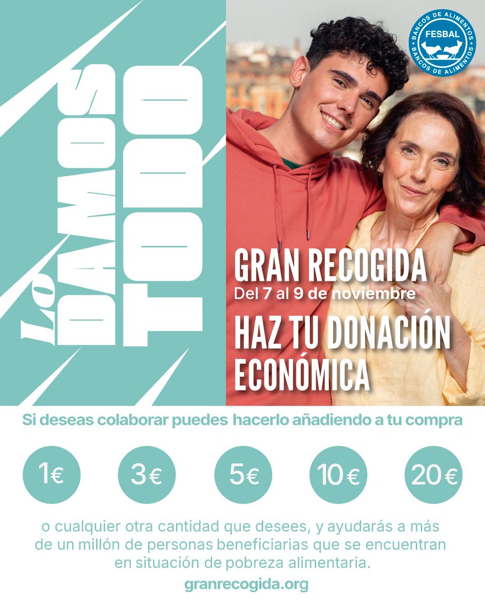 🤝✨ Tu gesto puede ser un plato en la mesa
Del 7 al 9 de noviembre súmate a la Gran Recogida: añade 1, 3, 5, 10 o 20 € a tu compra y estarás ayudando a más de un millón de personas en situación de vulnerabilidad.
 Lo damos todo. ¿Te apuntas?
#GranRecogida #LoDamosTodo
