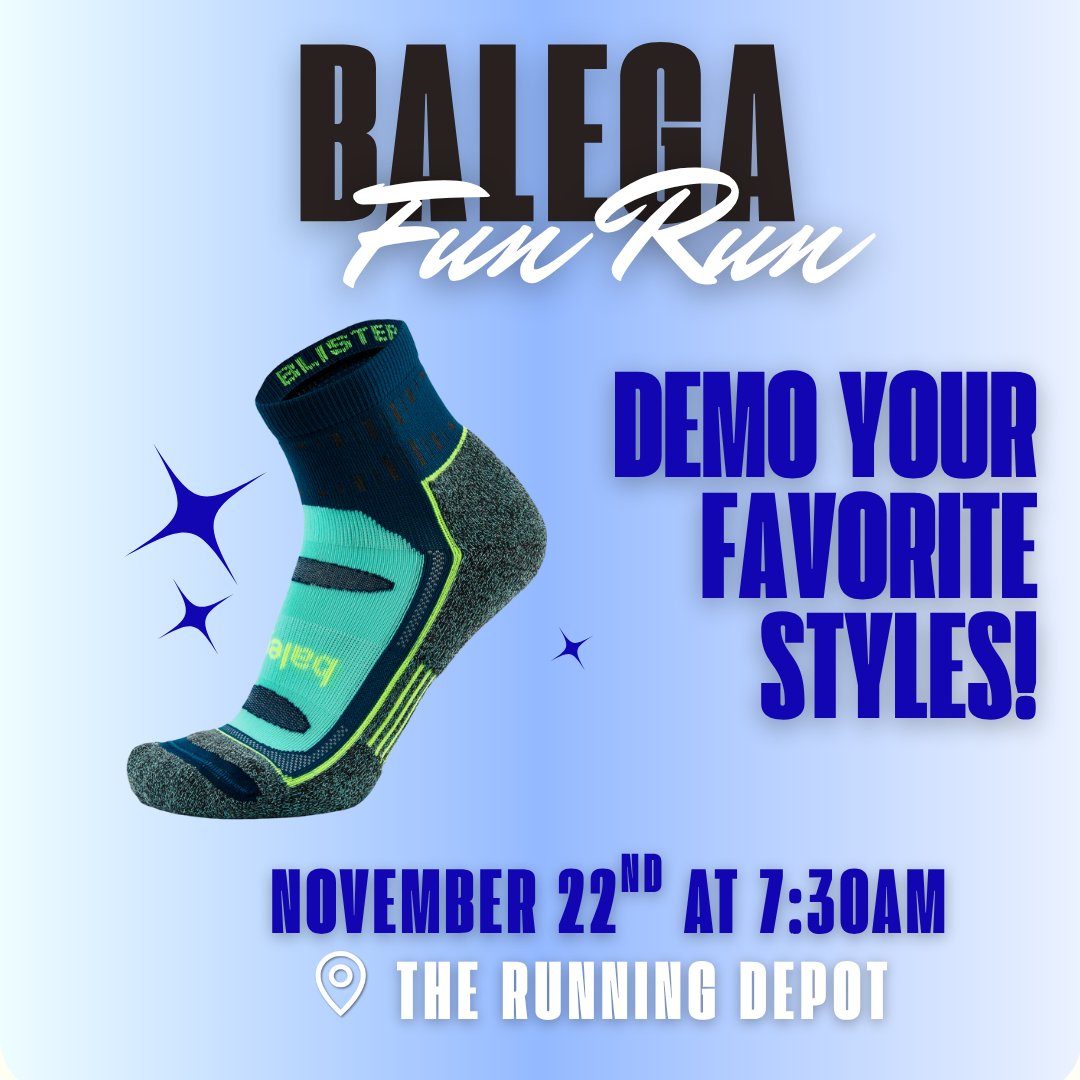 TheRunningDepot's tweet photo. 🧦 Balega Fun Run! 🏃‍♀️🏃‍♂️

Join us Saturday, November 22nd at 7:30am for our weekly Fun Run — this time with Balega! Come test out their amazing sock styles and find your perfect pair. 👟✨
Plus, enjoy our Buy 1, Get 1 FREE Balega sock special! D https://t.co/WARre5gBdr