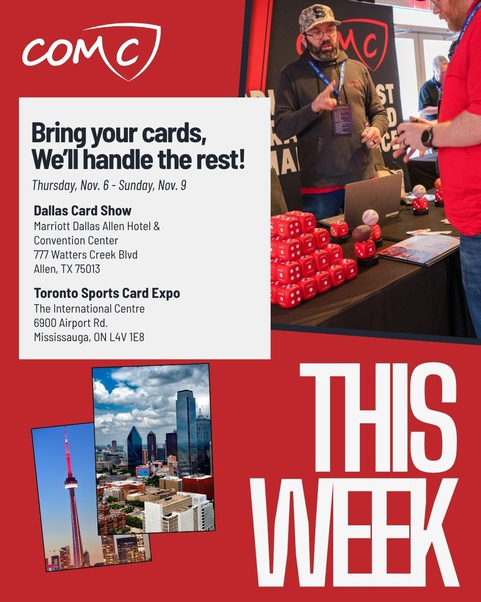 CheckOutMyCards's tweet photo. COMC will be at the @DallasCardShow &amp; the Toronto Sport Card Expo this weekend! Stop by our booth to submit your cards on-site and take advantage of all the benefits of selling through COMC!

Check out our upcoming show calendar: https://t.co/qudwllyZYO https://t.co/xDqMKQxnCn