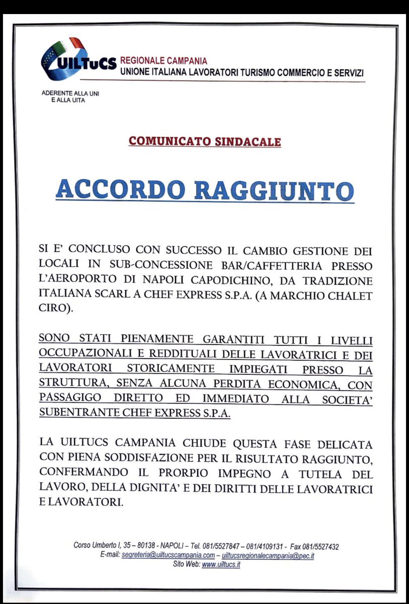 Grande vittoria della <a href="/uiltucs/">UILTuCS Uil del Terziario</a> Campania in merito alla vertenza di chef express- Aeroporto di Napoli Capodichino, tutto concluso con esito positivo! #uiltucs