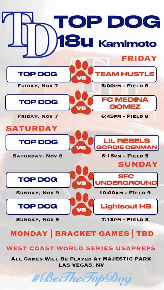 Viva Las Vegas 

Top Dog 18u - Kamimoto heads out to Las Vegas for the <a href="/USAPreps/">USA Preps</a> West Coast World Series 

Coaches view our UNCOMMITTED athletes topdogathletics.org/recruitingcent…

#BeTheTopDog