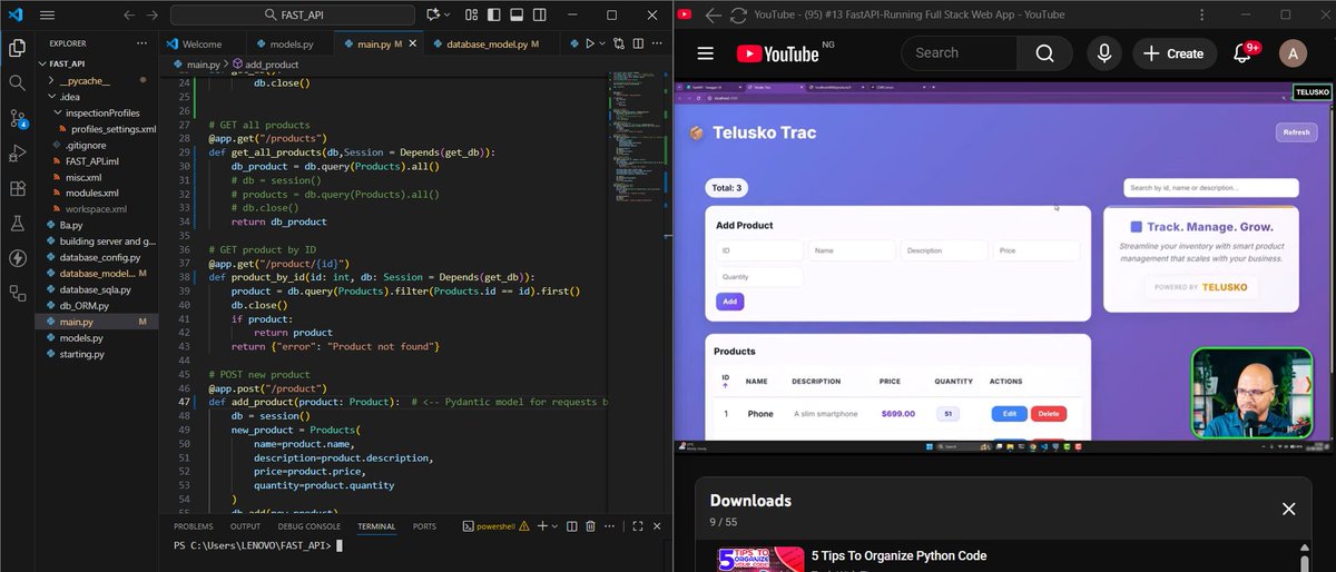 kayode_aki76318's tweet image. Day 28 💻
Finally wrapped up the YouTube series on SQLAlchemy and FastAPI today 🎉
Next step — building projects to strengthen my knowledge and understanding 💪
Excited to see how everything connects in practice! 🚀
#MyTechJourney #FastAPI #SQLAlchemy #KeepBuilding