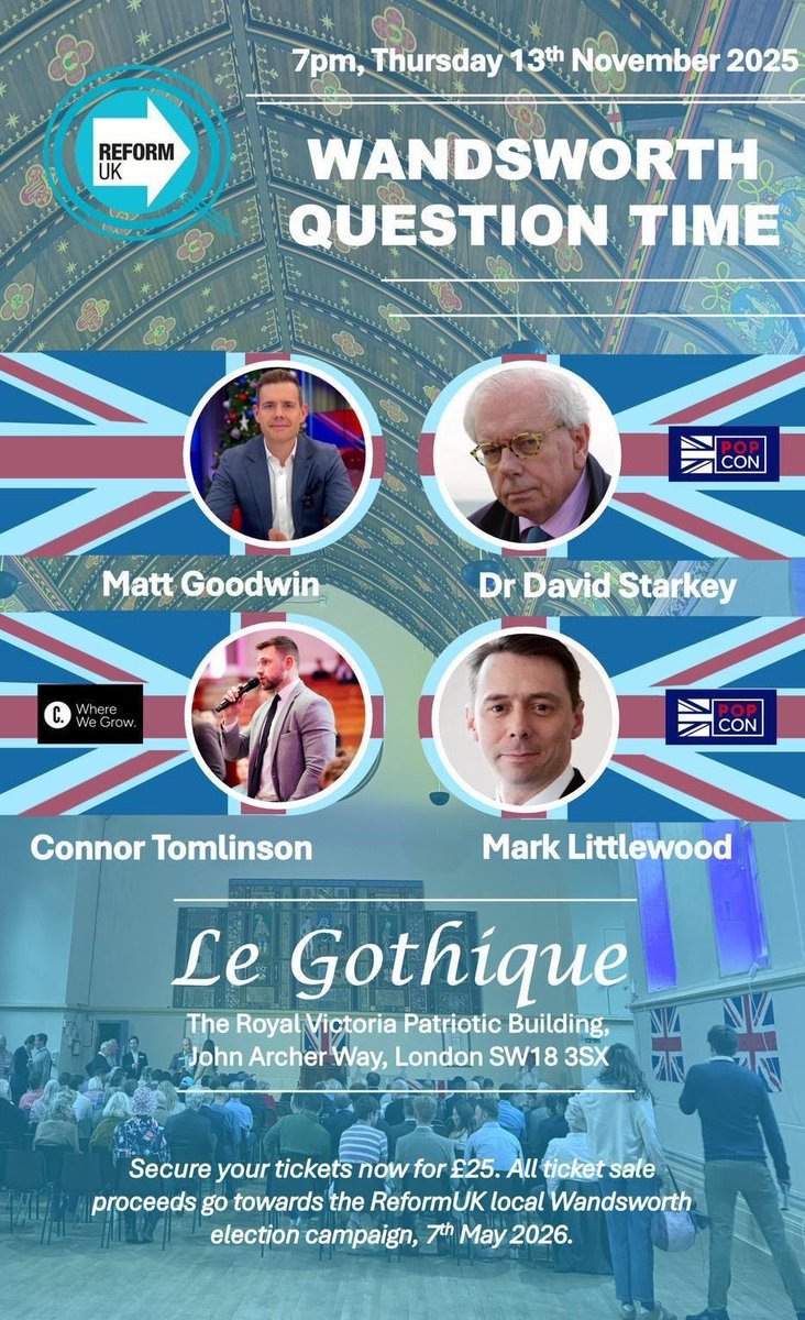 Con_Tomlinson's tweet image. Participating in a panel debate with Matt Goodwin, Dr. David Starkey, and Mark Littlewood next week, in Wandsworth.

Reform party members can get tickets and ask questions via the link below.

Glad that Reform&apos;s grassroots are willing to bring voices from across the British right…