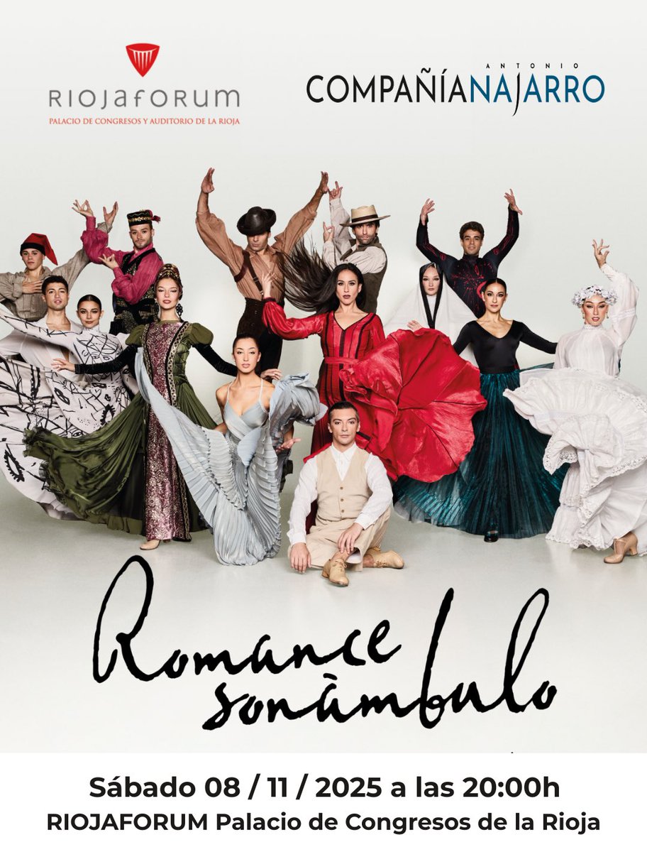 El próximo sábado día 8 de Noviembre a las 20:00h la Compañía Antonio Najarro presentará su espectáculo ‘Romance Sonámbulo’ en el Palacio de Congresos RIOJAFORUM de Logroño.

¡Todavía quedan entradas a la venta!

<a href="/Riojaforum/">Riojaforum</a> 

🎟️ Venta de entradas: entradas.com/event/compania…