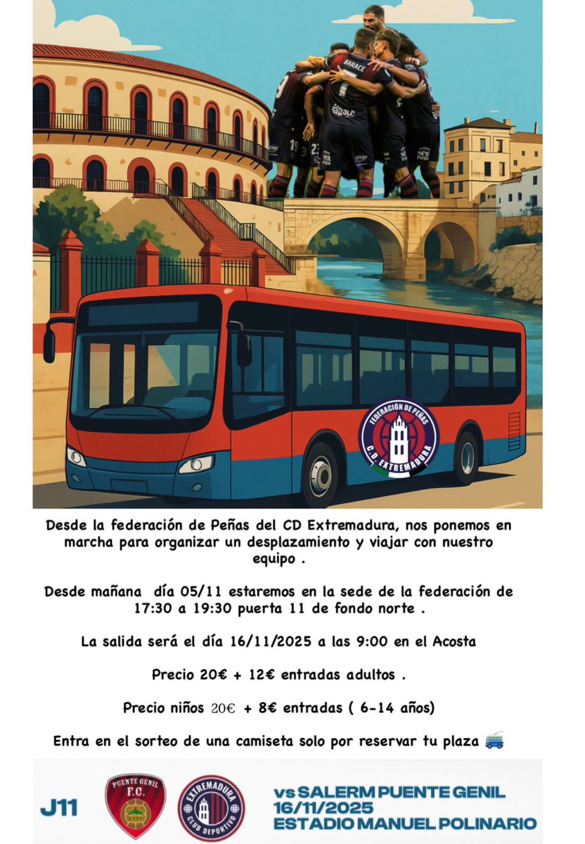 ¡Nos movemos otra vez, familia azulgrana! 💙❤️
Próximo destino: Puente Genil 🚌
 Domingo 16/11/2025
Porque donde va el CD Extremadura… ¡va su gente! 💪
Apúntate al viaje y vivamos juntos otro día de marea azulgrana!!
