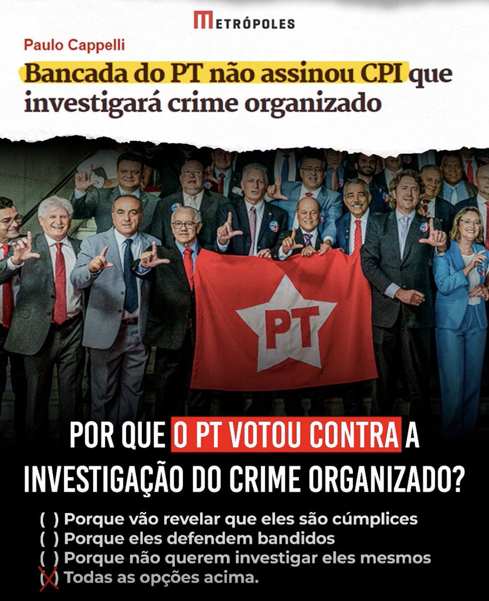coronelulysses's tweet photo. O PT dá ao crime mais uma vitória. Acaba de eleger no Senado o Presidente da Comissão da CPI das organizações criminosas, mesmo tendo toda a bancada do PT votado contra a abertura dessa investigação. 
Já sabemos o que vai dá. 
O crime ri e comemora graças ao PT!!! https://t.co/Bc0BfvzJQe