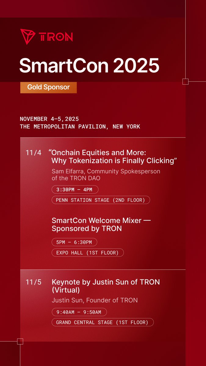 trondao's tweet image. #TRON is in New York for @chainlink’s #SmartCon2025 as a Gold Sponsor!

We’re looking forward to two days packed with insights, innovation, and connection with the builders shaping Web3.

See our agenda below and catch us throughout #SmartCon2025 in the Big Apple. 🗽