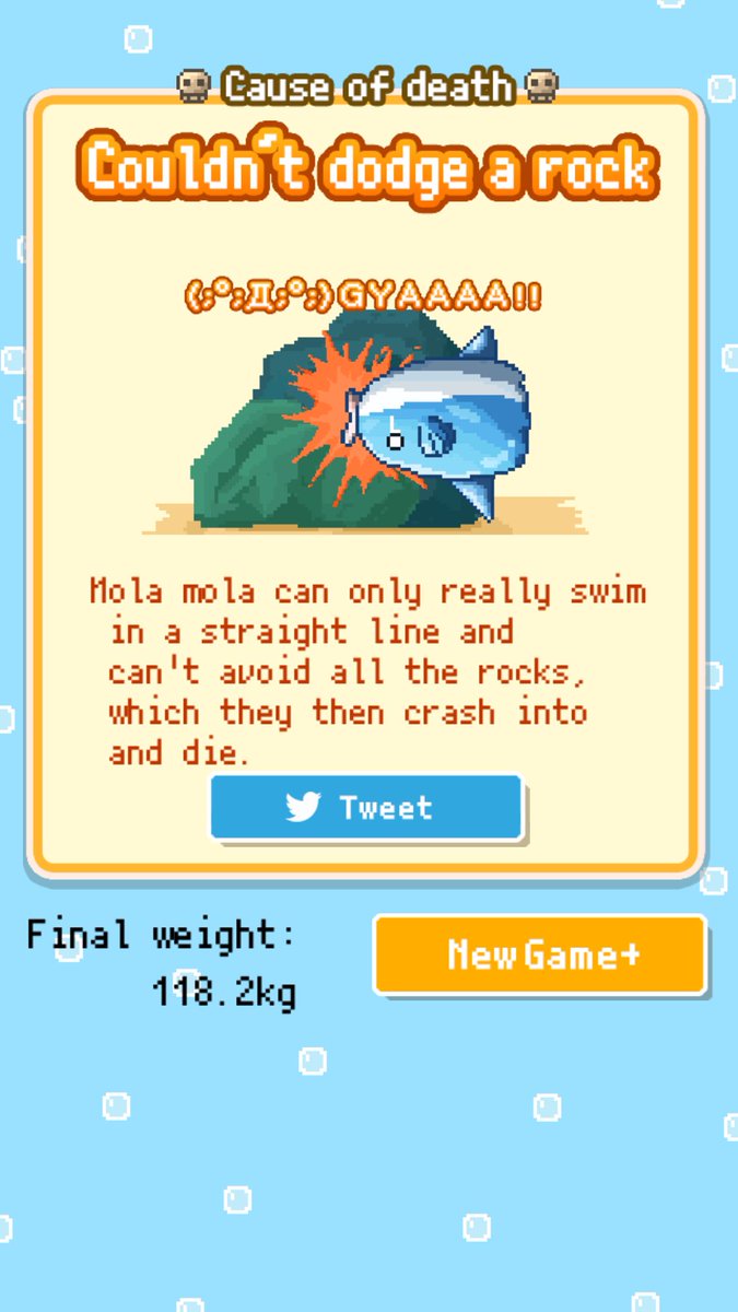 がんばって育てたマンボウが…
＿人人 人人＿
＞ 突然の死 ＜
￣Y^Y^Y^Y￣
死因: [Couldn’t dodge a rock]
体重：118.2kg
無料育成ゲーム【生きろ！マンボウ】
#マンボウ selectbutton.jp/apps/manbo