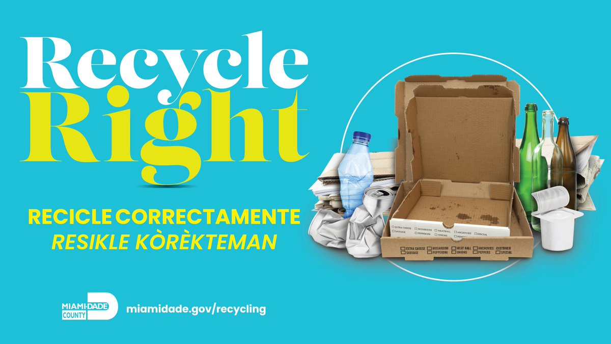Reduce contamination by recycling ONLY the following clean and dry items: Paper • Cans • Cartons • Cardboard • Bottles (plastic &amp; glass)
Visit miamidade.gov/recycling for a full list of accepted items in #OurCounty. #RecycleRight