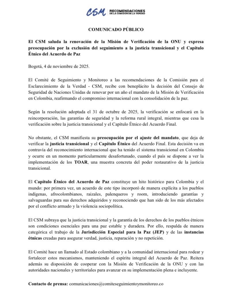 ComiteVerdadCO's tweet photo. #ComunicadoCSM 📣
El Comité de Seguimiento y saluda la renovación de la @MisionONUCol y expresa preocupación por exclusión del seguimiento a la justicia transicional y el Capítulo Étnico del Acuerdo de Paz.
➡️ https://t.co/rtpUBEqPEe https://t.co/NJjPKG79nI