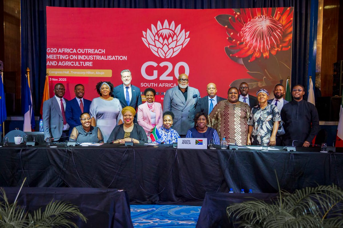 DIRCO_ZA's tweet photo. The G20 Africa Outreach Meeting taking place in Nigeria (Abuja) on Industrialisation and Agriculture from 03 - 04 November  2025 under  the theme: “Boosting Africa’s Agricultural and Industrial Transformation".

#SANigeriaRelations🇿🇦 🇳🇬 
#BetterAfricaBetterWorld🌍
#Rekaofela🤝 https://t.co/egiyuGkRK5