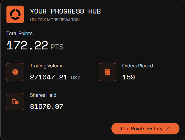 got the sub from <a href="/opinionlabsxyz/">Opinion ⁒</a> feels good

they dropped week 1 rewards recently and i got a sweet 172 points

not really sure what exactly i did to earn that with such low volume so i'm just trading by feel for now trying to stack some volume and maybe some profit (tho my
