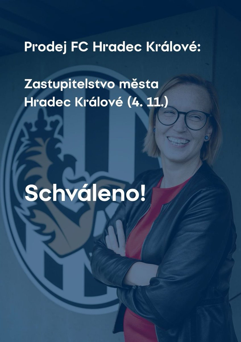 Zastupitelstvo dnes schválilo prodej 89 % akcií FC HK společnosti Fotbal HK 1905 s.r.o.

Děkuji všem, kteří podpořili tento krok k stabilní budoucnosti hradeckého fotbalu. ⚽
Přeji klubu i fanouškům, ať nová kapitola přinese úspěchy i hrdost pro celé město. Nic než Hradec! 🫶