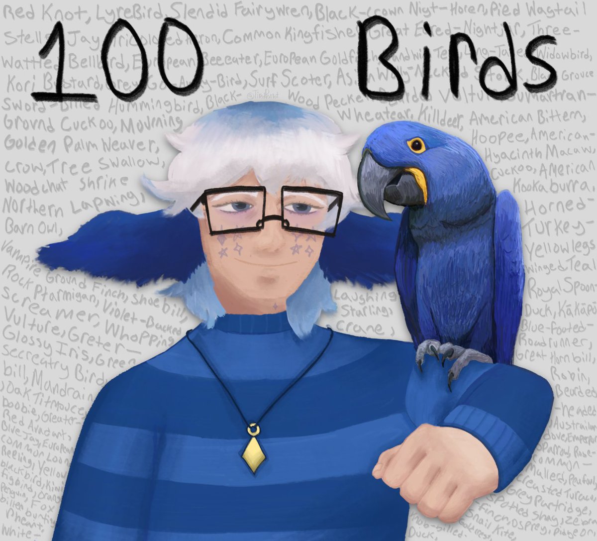 TiredParrot's tweet photo. For those who don't know, I've been doing a bird of the day in Saithsfuff's discord server. Today, I've reached 100 days of birds, so I made art to celebrate this amazing feat <3 

(The wording of the birds is very scuffed, I apologize) #art https://t.co/pY1e6jvPUx
