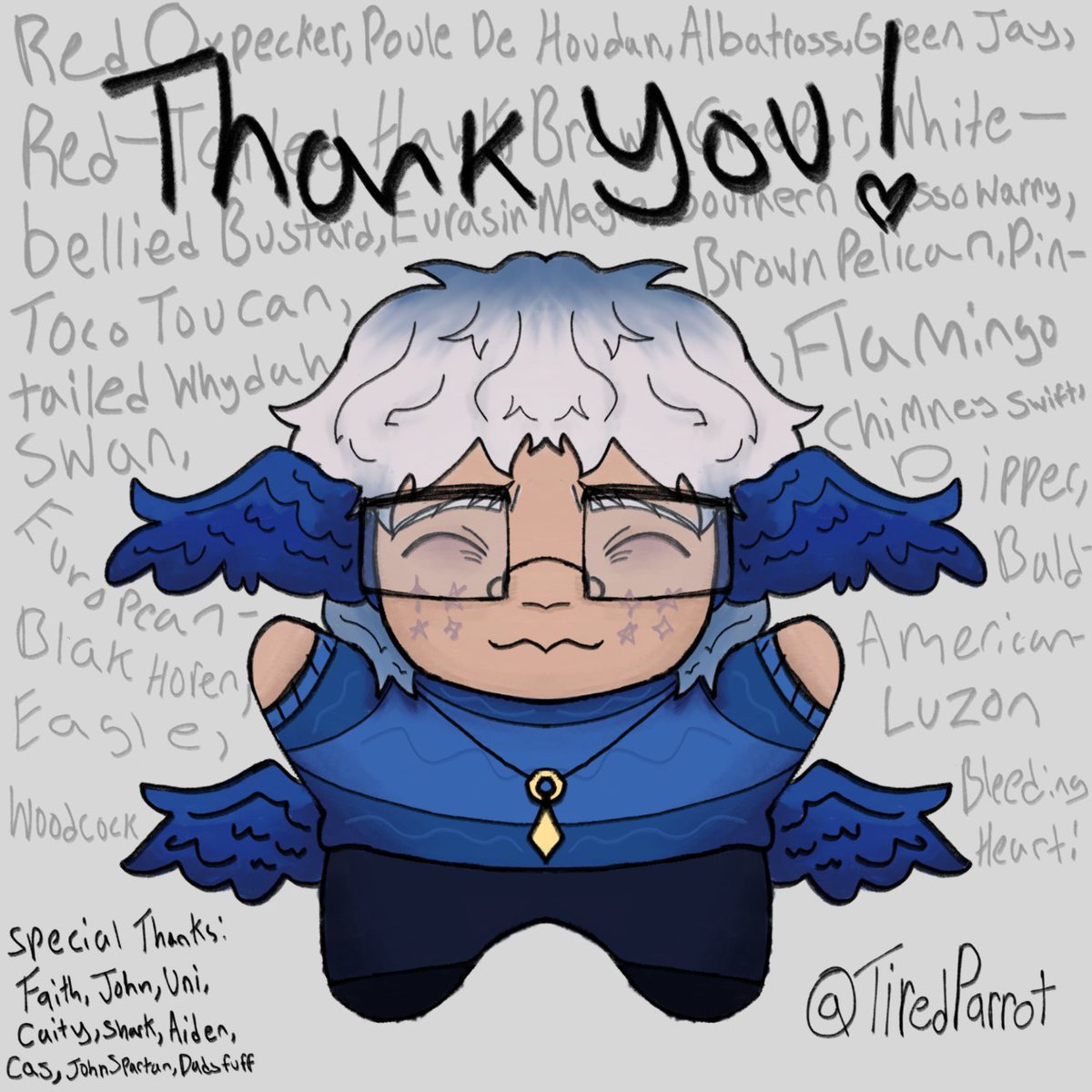 TiredParrot's tweet photo. For those who don't know, I've been doing a bird of the day in Saithsfuff's discord server. Today, I've reached 100 days of birds, so I made art to celebrate this amazing feat <3 

(The wording of the birds is very scuffed, I apologize) #art https://t.co/pY1e6jvPUx